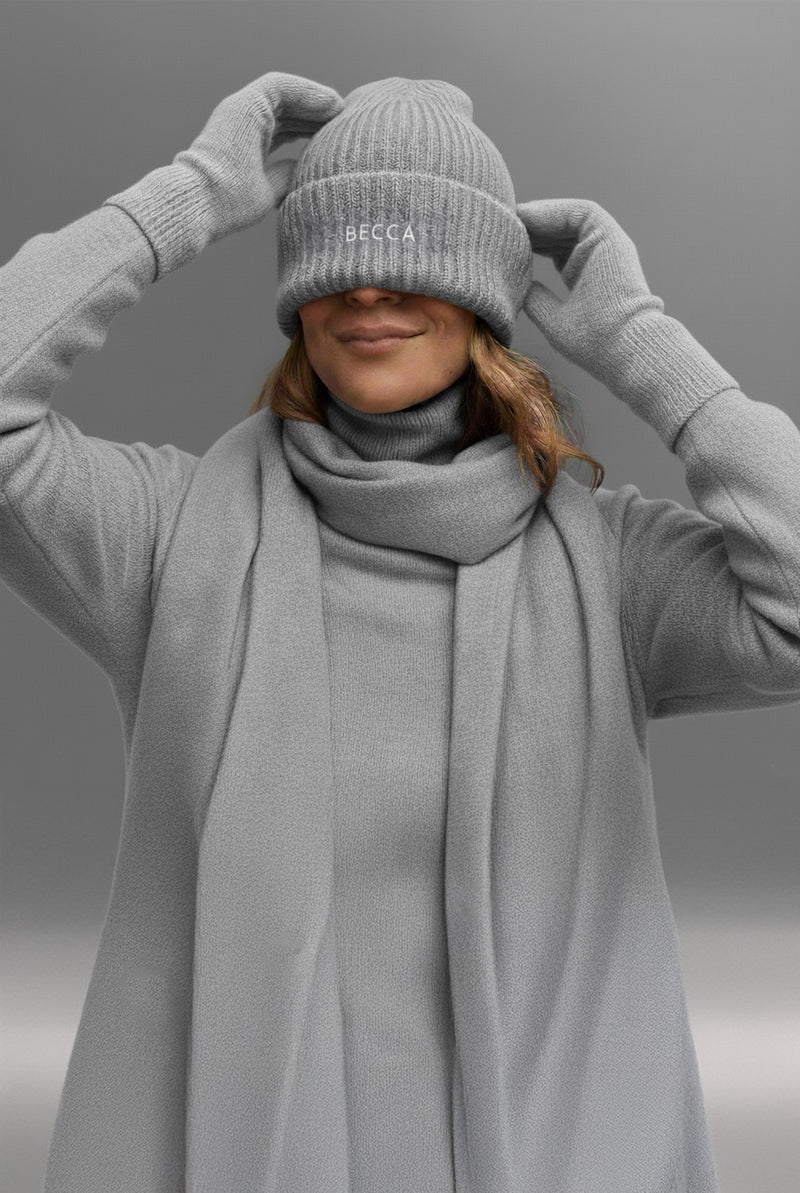 BECCA Q knitted beanie, styled shot
