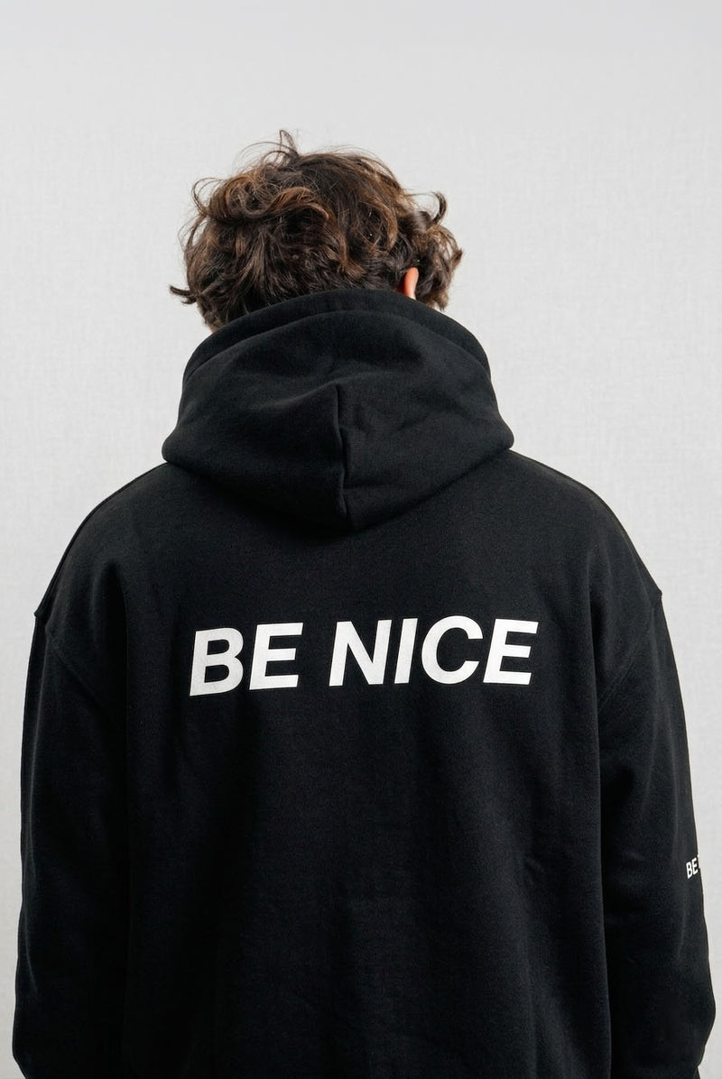 BECCA Q BE NICE hoodie, lifestyle shot