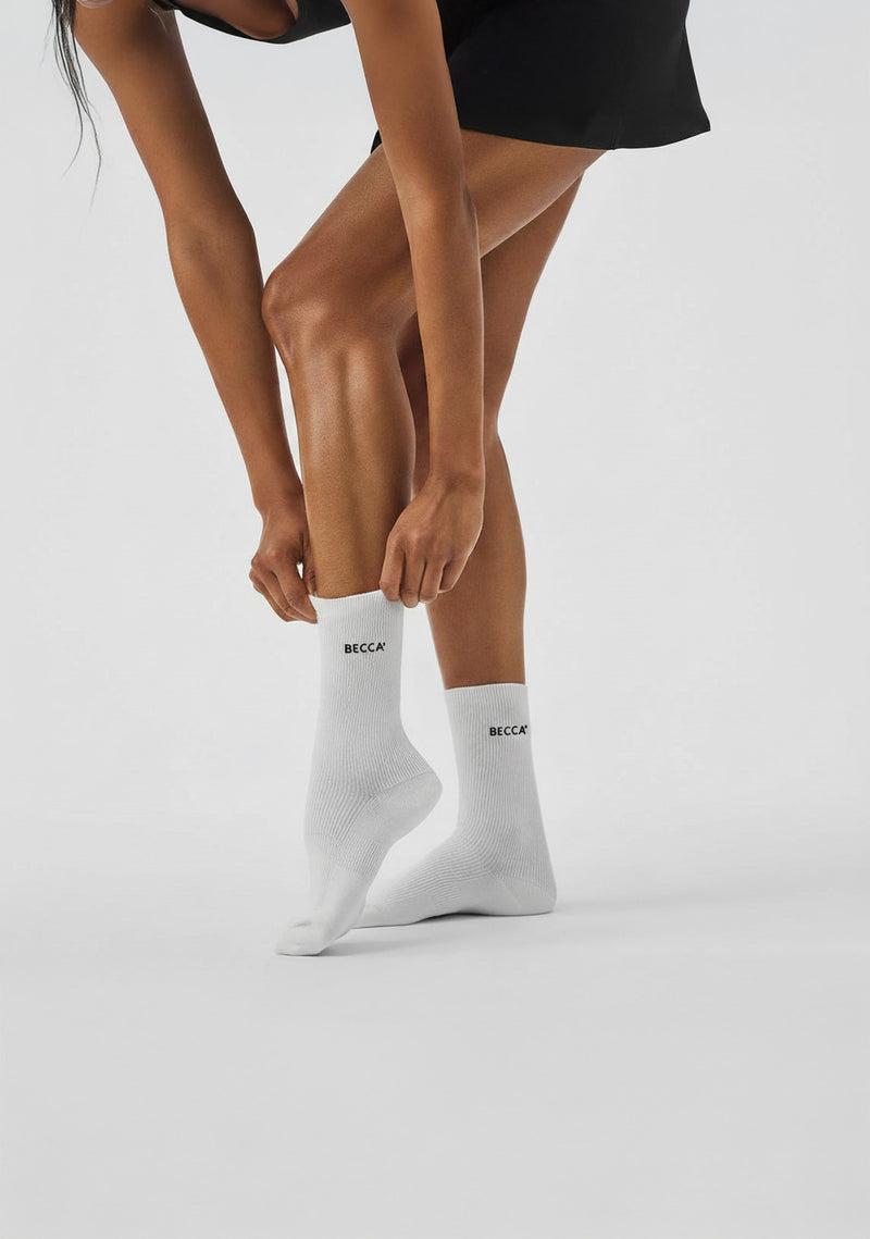 BECCA Q embroidered socks, lifestyle shot