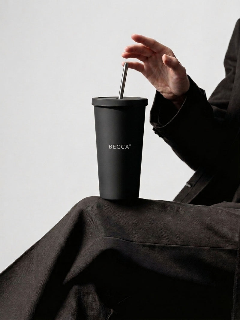 BECCA Q SIP insulated tumbler, black, lifestyle shot