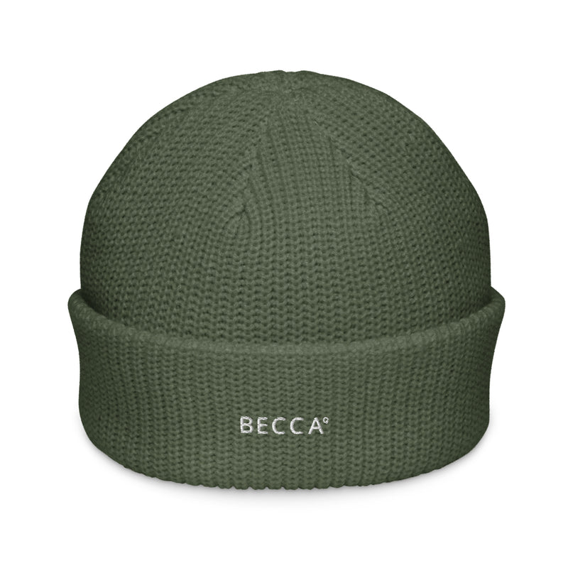 BECCA Q knitted beanie, cypress, front view